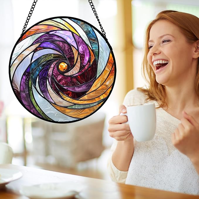 DASTOLL Stained Glass Window Hanging, Colorful Abstract Spiral Pattern Suncatcher for Doors Window Home Sun Catchers Decoration Mother's Day Birthday Gifts for Women, Men, and Mom 7.8 in