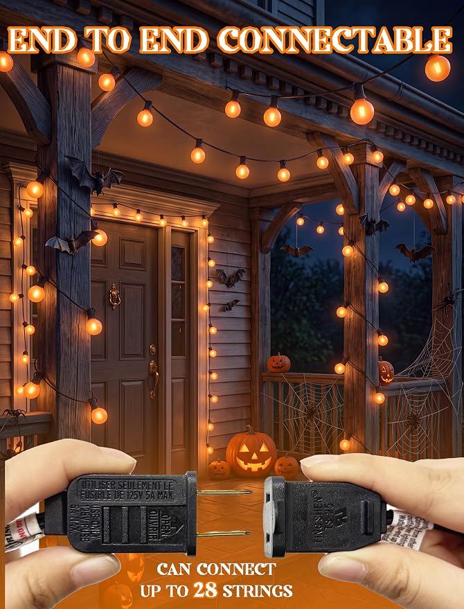 25Ft LED Outdoor Halloween Decorations Lights, 25 G40 Orange Globe Bulbs | Waterproof G40 Patio String Lights, Connectable Shatterproof Hanging Outdoor Lights for Porch Yard Garden Halloween Party