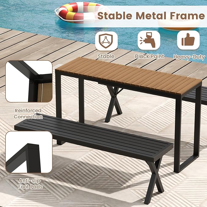 HAPPYGRILL Outdoor Rectangle Console Table with Metal Frame & Foot Pads, for 4-6 People, Patio Bar Dining Table for Backyard, Porch, Deck