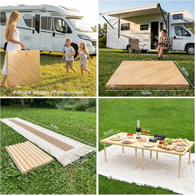 Upgraded Large Low Wooden Folding Picnic Table with 8-Legs, Thick Varnished Tabletop, 60"×30" Portable Boho Beach Table with Table Runner for Yard, Indoor & Outdoor, Camping (Diagonal)