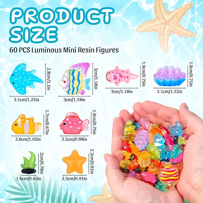 60 Pcs Luminous Mini Resin Ocean Animal Figures Glow in the Dark Small Little Tiny Fish Seashell Coral Miniature Figurines for Crafts Fairy Garden Accessories Micro Landscape Aquarium Decor