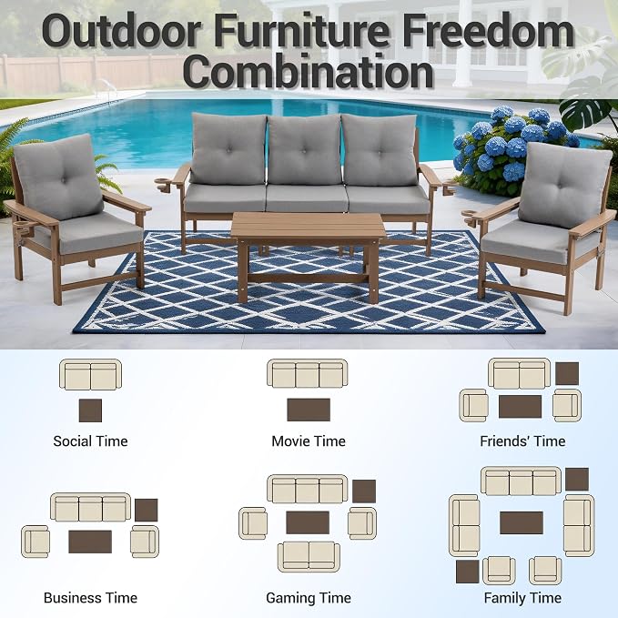 Modular Outdoor Patio Furniture Set, 7-Piece HDPE Sectional Sofa with Coffee Table & Thick Cushions - All-Weather Patio Conversation Set for Backyard, Deck, Poolside, Brown