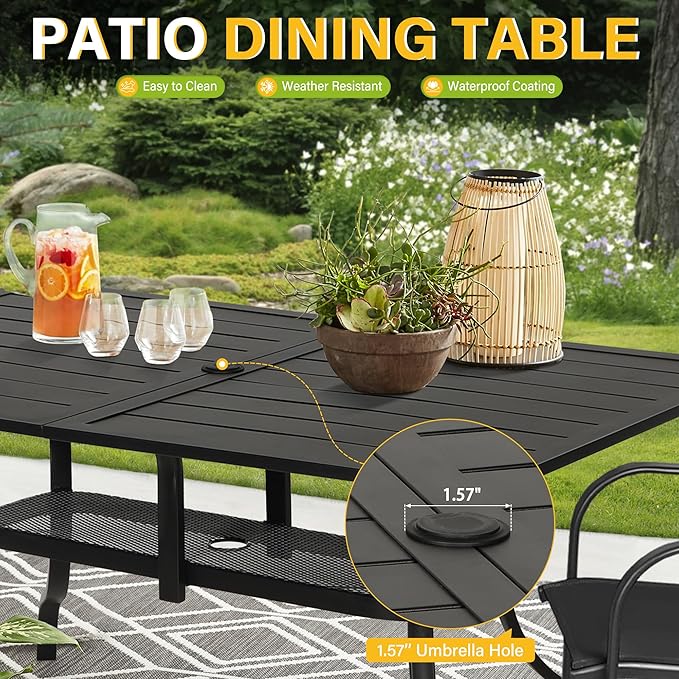 Incbruce Patio Dining Table, 60" x 36" Rectangle Metal Steel Slat Table, with 1.57" Umbrella Hole, for Backyards, Porches, Gardens or Poolside