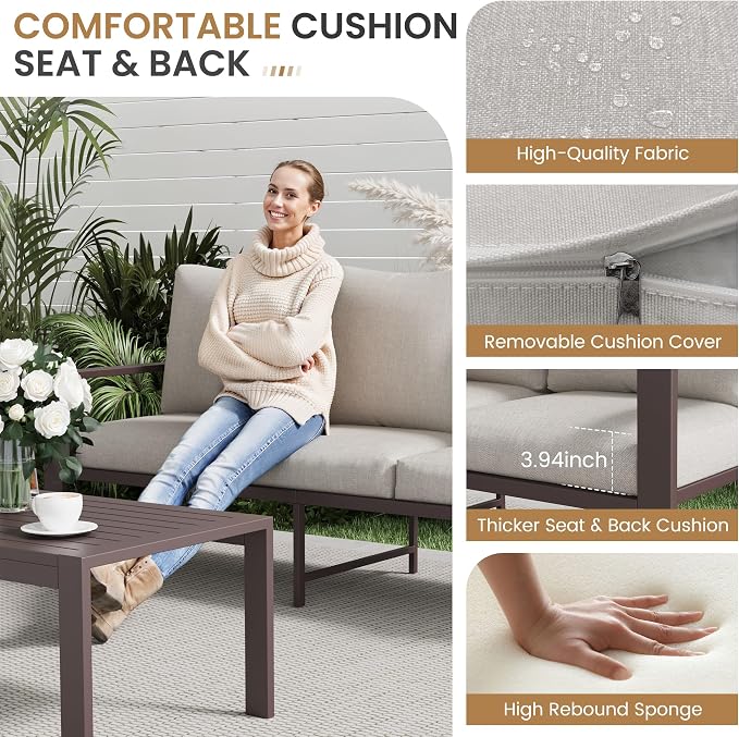 5-Piece Aluminum Patio Conversation Sets All-Weather Outdoor Furniture Sectional Sofa Modular Patio Set with 4'' Cushion Removable Covers for Porch Poolside Deck Balcony Yard
