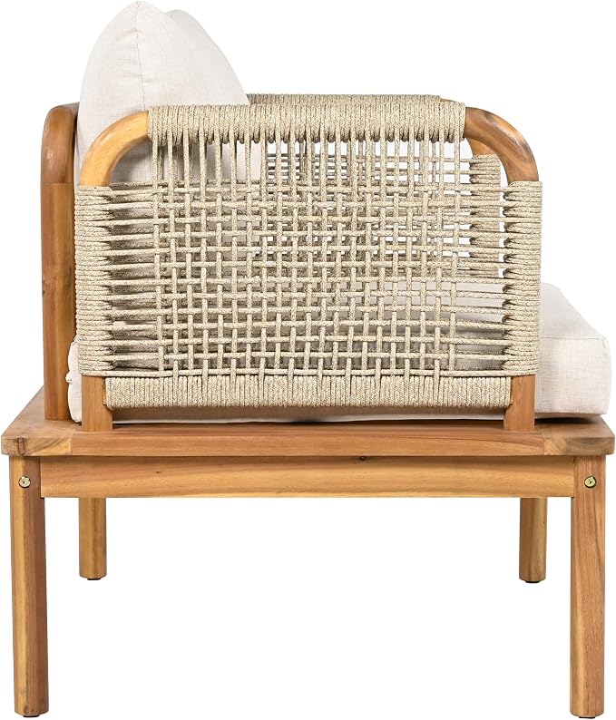 JIVOIT Outdoor Armchair Set of 2, Acacia Wood and Rope Club Chair with Cushions, Mid Century Design Comfortable Single Armchair for Backyard Porch Garden Balcony