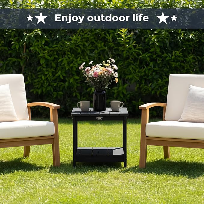 Adirondack Square Outdoor Side Table, 2-Tier Patio Side Table, HDPS End Tables for Porch, Deck, Backyard, Garden, Poolside, Beach, Easy Assembly, Black