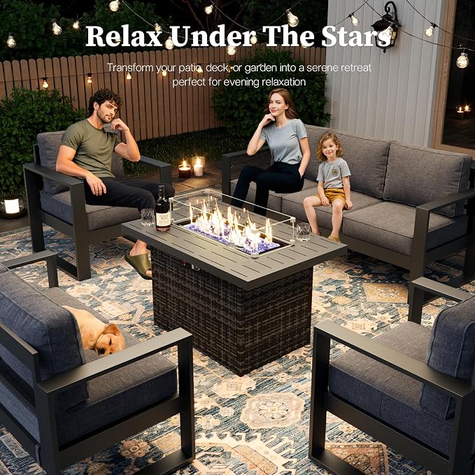 4 Piece Modern Aluminum Patio Furniture Set with Fire Pit Table, Outdoor Patio Sectional Conversation Metal Seating Sets with Olefin Cushion