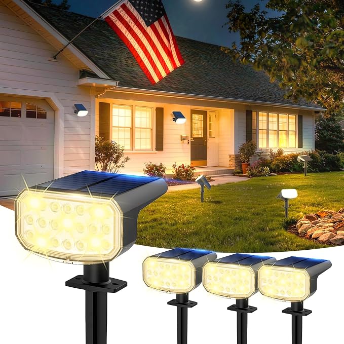 JEJOT Solar Lights Outdoor Waterproof IP65, Super Bright LED with Lens, 3000K 2 Lighting Modes, Solar Powered Yard Garden Solar Spot Lights for Outside Landscape Auto On/Off -4 Pack