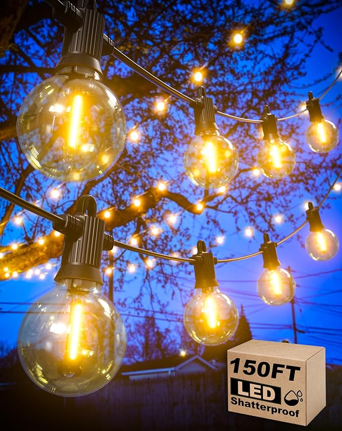 Zuske Outdoor String Lights, 150FT Patio Lights with 75 Shatterproof G40 Globe Bulb(3 Spare), Waterproof Connectable Dimmable LED Hanging Lights for Outside Backyard Porch Balcony Gazebo (2x75FT)
