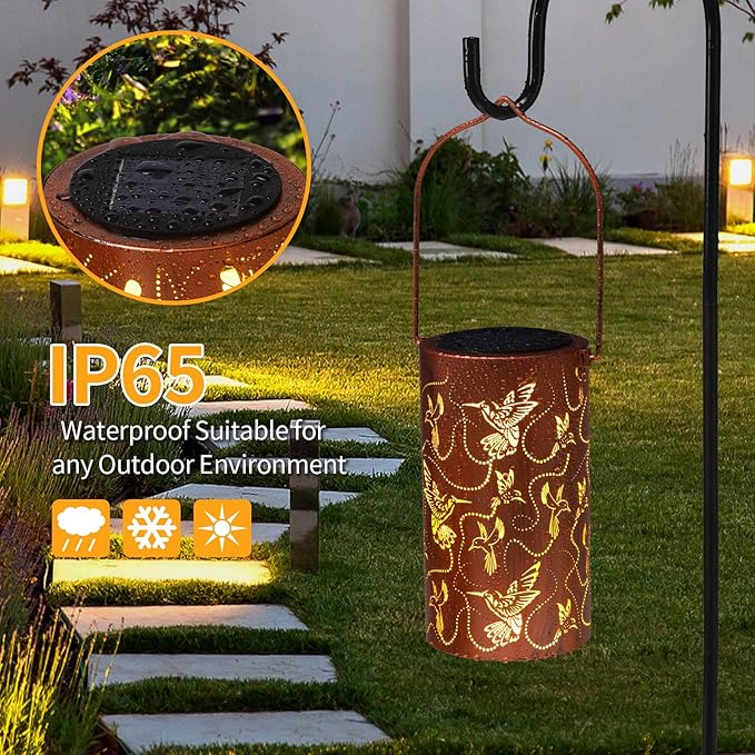Solar Lanterns Outdoor Hanging Hummingbird Decor Lantern,Waterproof Hollow Out Metal Decorative Garden Light,Graceful Decoration for Patio,Yard,Landscape,Walkway,Festival