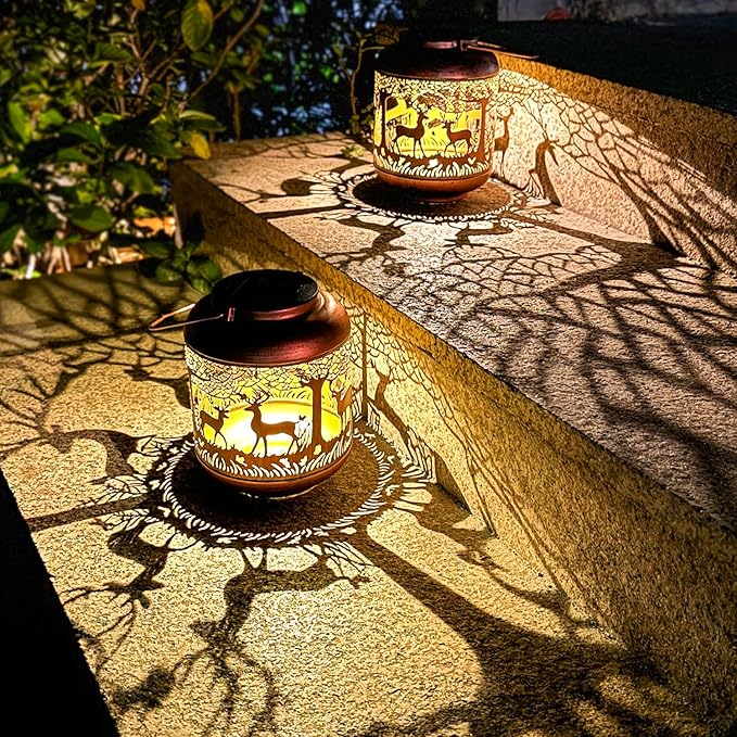 Deer Solar Lanterns Outdoor Waterproof Hanging Solar Lights Deer Gifts for Women Men Metal Decorative LED Lanterns for Yard,Patio,Lawn,Tabletop,Pathway,Landscape,Garden Decor