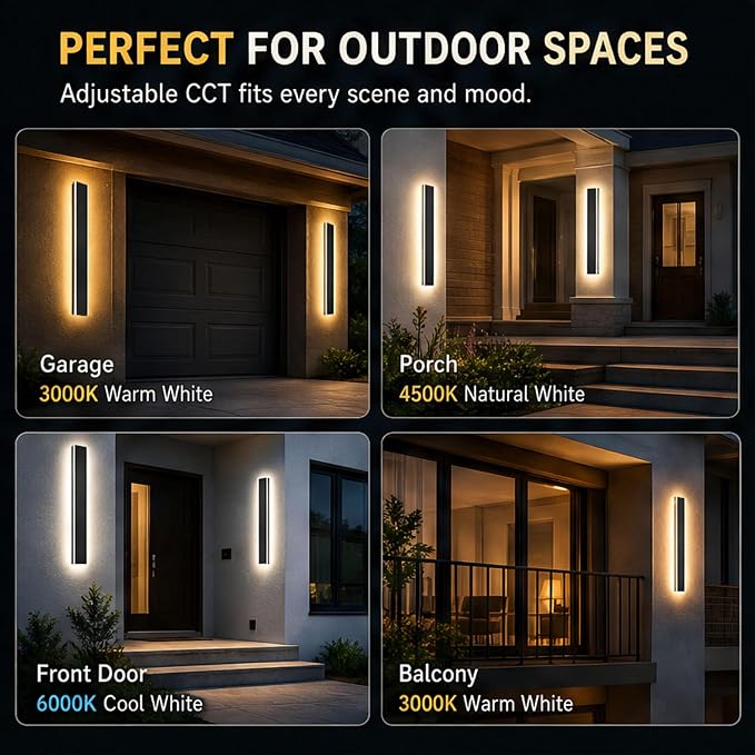 Modern Outdoor Wall Light 1pack 59in, 4.33in Width, Dimmable LED | 3000LM for Garage Front Door Porch, IP65 Waterproof Outdoor Sconce, Cover All Jbox, 3000K-6000K Adjustable, Matte Black