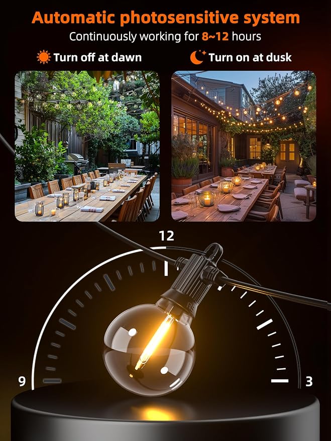Kawaya G40 Outdoor String Lights Solar 50FT IP65 2700K LED Patio Light | IP65 Shatterproof Hanging Edison Blubs,2700K Warm White for Garden Porch Fence Camping Party Backyard Deck Bistro Balcony