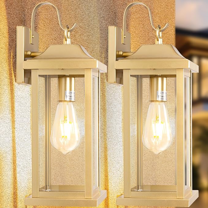 17 Inch Large Gold Outdoor Sconces Wall Lighting 2-Pack | ETL Listed Outside Wall Mounted Lamps Brass, Porch Lights Exterior Light Fixtures, IP65 Waterproof Anti-Rust
