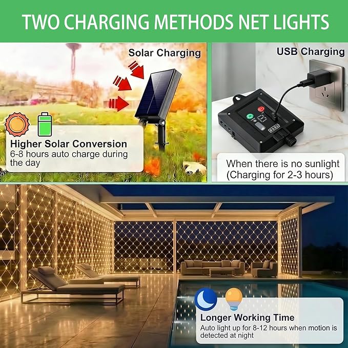 Solar Net Lights, 10x10ft 280LED Gazebo Net Lights Outdoor with 8 Modes, Solar & USB Powered Waterproof String Lights Clear Wire, Chandelier for Pergolas, Patio, Bush, Backyard Decor Warm White