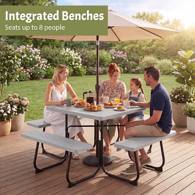 GYMAX Picnic Table Bench with Umbrella Hole, 8 Person Square Outdoor Picnic Table with Metal Frame & HDPE Tabletop, Camping Table for BBQ Yard Patio, 2300LBS Capacity (Gray)