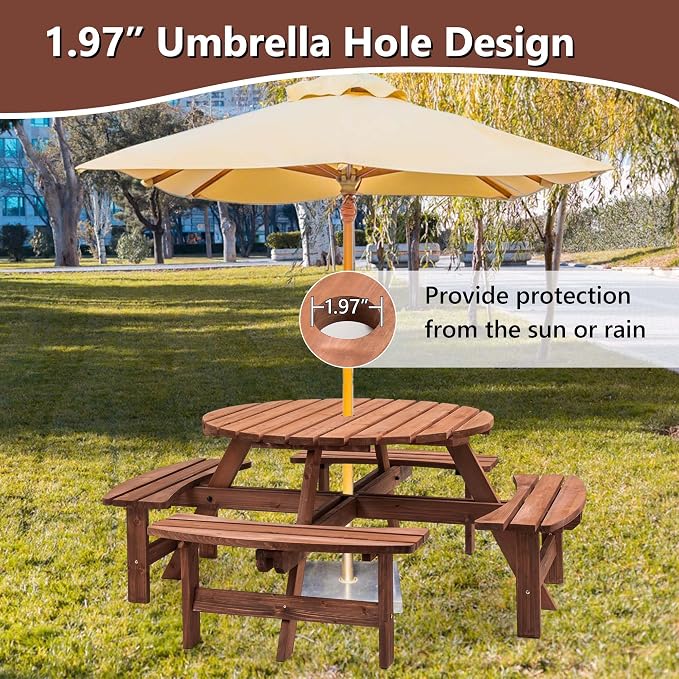 Outdoor Picnic Table for 8 Person, Wooden Picnic Tables with 4 Built-in Benches and Umbrella Hole Outside Table and Bench Set Round Picnic Table for Garden, Backyard, Porch,Patio （Natural