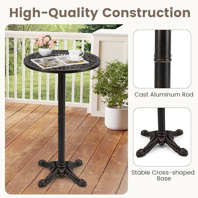Tangkula 24" Outdoor Round Bar Table, Cast Aluminum Heavy Duty Patio High Table with Stable Cross-Shaped Base, for Garden Porch Balcony or Poolside