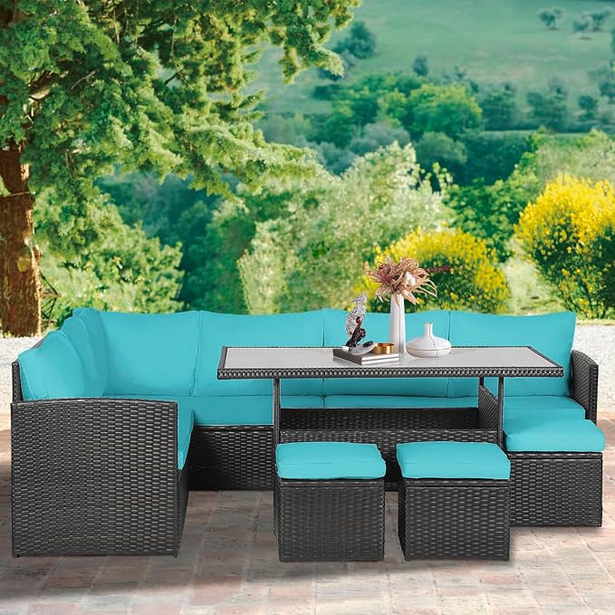 Patio Dining Sets 7 Pieces Outdoor Table and Chairs Patio Dining Table Set Patio Furniture Set Outdoor Sectional Sofa with 9 Seats and Table for Outdoor Backyard Porch Poolside Balcony Garden, Blue