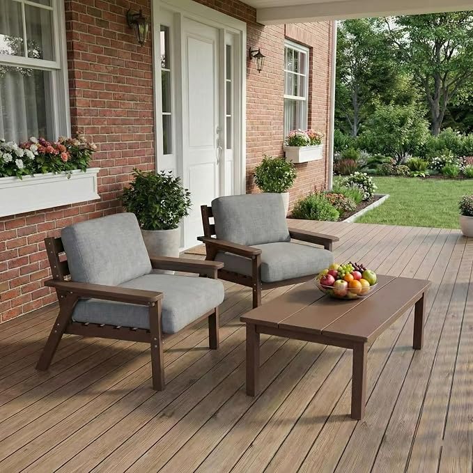 Kingdura HDPE Patio Furniture Set, 3 Piece Outdoor Sectional Sofa with Coffee Table, All Weather Outdoor Couch Conversation Set with Washable Cushions for Backyard Poolside Balcony