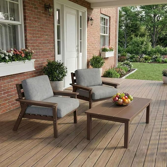 Kingdura HDPE Patio Furniture Set, 3 Piece Outdoor Sectional Sofa with Coffee Table, All Weather Outdoor Couch Conversation Set with Washable Cushions for Backyard Poolside Balcony