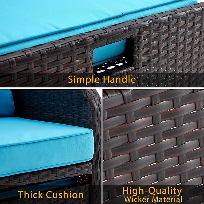 AVAWING 5 Pieces Patio Furniture Set, Outdoor Rattan Chairs with Tempered Glass Coffee Table, Ottomans & Soft Cushions, Wicker Conversation Bistro Set for Garden, Porch, Deck, Balcony (Blue)