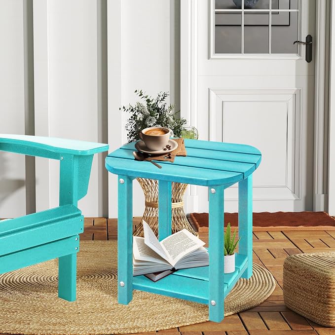 LZRS Patio End Table, Heavy Duty HDPE Outdoor Coffee Table with Wood Texture, Weatherproof Composite Table for Adirondack Chairs, Deck, Pool, Indoor/Outdoor, No Peeling Cracking(Turquoise)