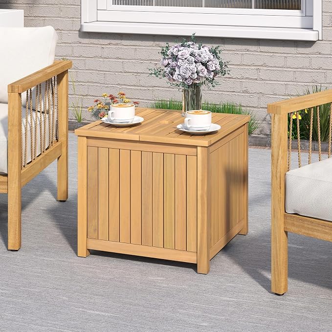 HAPPYGRILL Outdoor Side Table with Umbrella Hole, Acacia Wood End Table with Storage, Removable Base, Patio Storage Box for Backyard, Balcony, Poolside (Square)