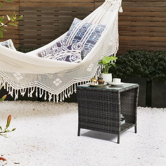 Outdoor Wicker Side Table, 17.9" Square End Table with Tempered Glass Top & Storage Shelf, Resin Wicker Coffee Table for Patio, Porch, Backyard, Balcony,Grey