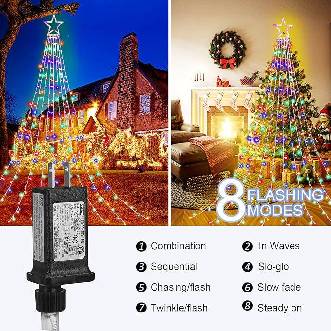 Christmas Decorations, Outdoor Christmas Lights, 320 LED Outdoor Christmas Tree String Lights with 12" Star Toppers [8 Modes& Waterproof] for Xmas New Year Holiday Decor (Multicolor)