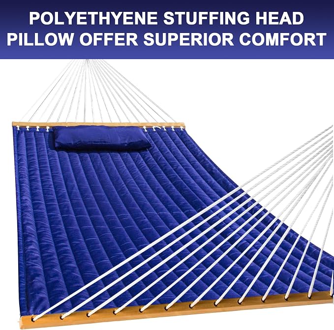 SZHLUX Outdoor Quilted Fabric Hammock with Spreader Bars and Detachable Pillow and Chains,Outdoor Patio Backyard Poolside, 450 LBS Weight Capacity Navy Blue