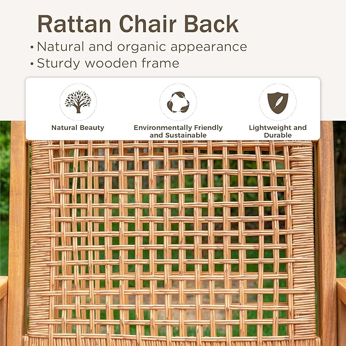 PHI VILLA Patio Dining Chairs, Set of 2, Acacia Wood & Wicker, Brown | All-Weather, Wide Seat, For Deck, Porch, Garden