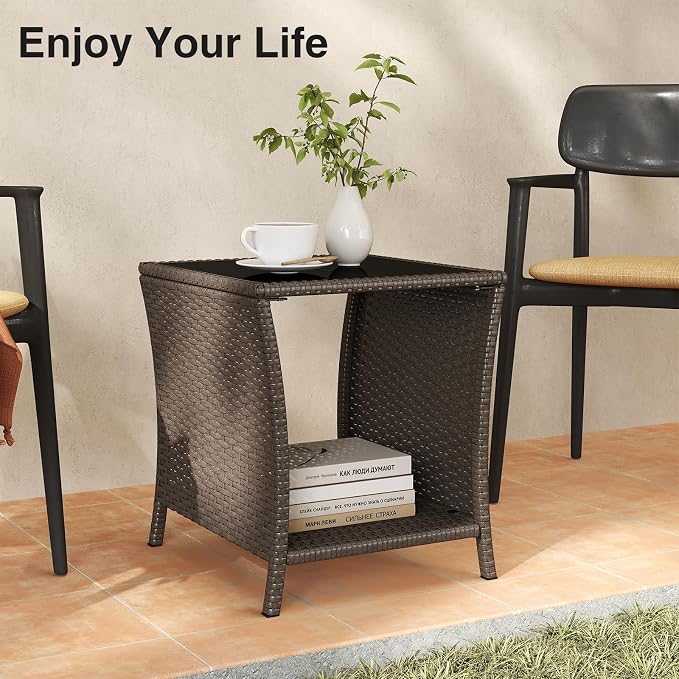 Kinfant Rattan Patio Side Table - Modern Wicker End Table, PE Rattan Coffee Table with Glass Top, Weather-Resistant Patio Furniture for Patio, Balcony, Garden, and Poolside (1, Sesame)