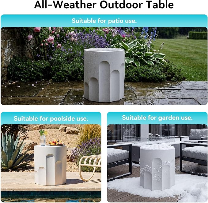 COSIEST Outdoor Side Table, 16.9" Modern Concrete End Table w Chessboard for Patio,Lightweight Round Outside Accent Table & Plant Stand for Garden, Porch, Deck, Balcony，White