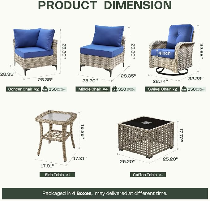 10 Pieces Patio Furniture Set, Outdoor Conversation Set with 360° Swivel Rocker Chairs, Wicker Sectional Sofa & Solar Coffee Table, High Back Outdoor Furniture L Shaped Couch for Porch Deck, Navy Blue