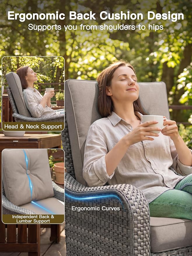 6-Piece Patio Furniture Set, Outdoor Swivel Rocking Chairs with 4" Thick Cushions & Side Table, All-Weather PE Rattan & Rust-Resistant Steel Frame Conversation Set for Porch, Garden, Backyard, Beige