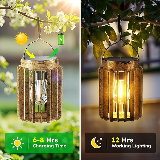 2 Pack Solar Lanterns Outdoor Waterproof, Retro Metal Hanging Lantern | 12-Hr Runtime Outdoor Solar Lantern, Auto On At Dusk, High Bright Hanging Solar Lights for Garden Porch Patio Yard Decor