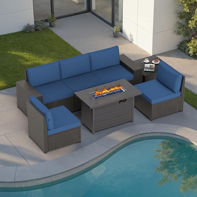 Patio Furniture Set with Fire Pit Table, 7PCS Outdoor Conversation Sets Waterproof Rattan Sectional Sofa with 4” Thickened Cushion Modular Wicker Patio Furniture Set with Glass Top Table (Blue)