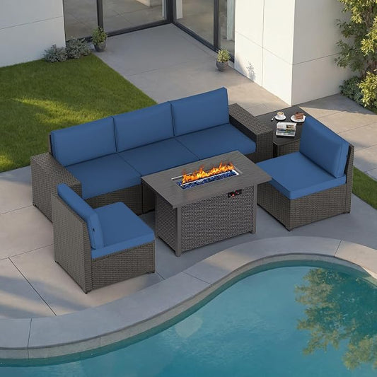 Patio Furniture Set with Fire Pit Table, 7PCS Outdoor Conversation Sets Waterproof Rattan Sectional Sofa with 4” Thickened Cushion Modular Wicker Patio Furniture Set with Glass Top Table (Blue)