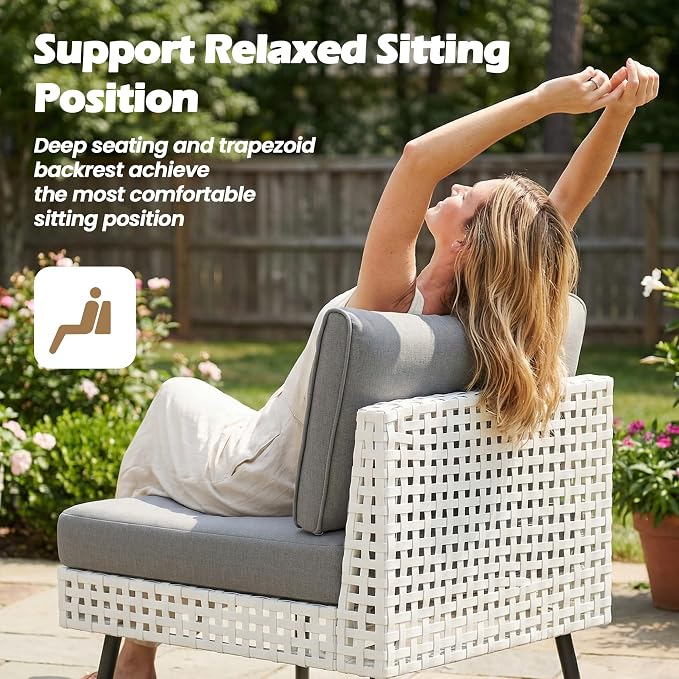 Vikiullf 5-Pieces Patio Sectional Sofa Set, White Wicker Outdoor Furniture with 4" High-Density Cushions, Deep Seating Conversation Set with Coffee Table, for Backyard, Poolside, Garden