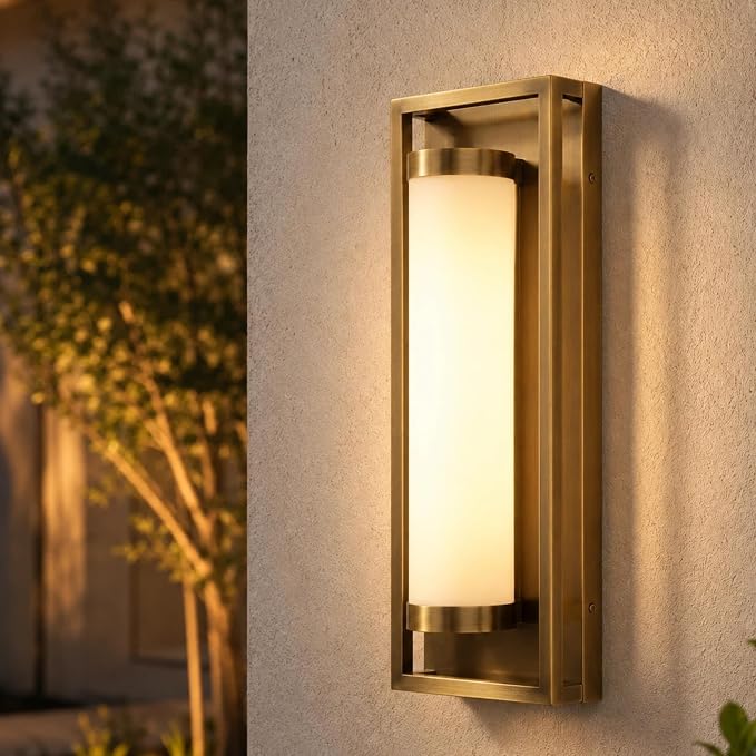Hyunbae Mid Century Modern Outdoor Wall Sconce, Brushed Antique Brass | 15W Integrated Dimmable LED, 3000K Warm White, For House Patio Porch Garage Entryway Doorway, 16" Exterior Light