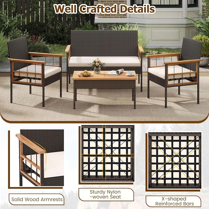 HAPPYGRILL Patio Furniture Set Outdoor Rattan Wicker Conversation Set with Acacia Wood Coffee Table, Chairs, Loveseat & Cushions, for Porch, Garden, Backyard, Poolside (8 Pieces)