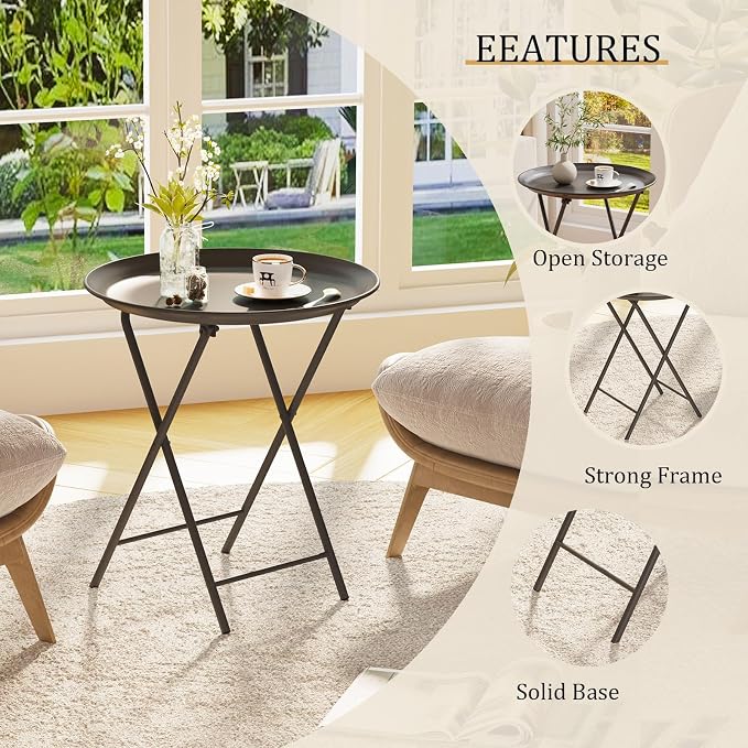 Garden 4 you Folding TV Tray Table, Metal Round Side Table, Black Dinner Table with Metal Frame, Modern Outdoor Tray Table for Living Room, Bedroom, Patio & Small Spaces, 1 Pack