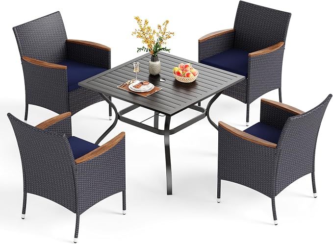 PHI VILLA 5 Pieces Outdoor Patio Dining Set for 4, Metal Steel Frame Table with Umbrella Hole & All Weather PE Rattan Cushioned Chairs Set for Deck, Yard, Porch