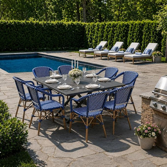 PURPLE LEAF 9 Pieces Outdoor Dining Set Patio Furniture Set with Aluminum Square Table and French Bistro Chairs for Deck Garden Backyard Patio Kitchen Set Gray Bamboo Finish Deep Blue
