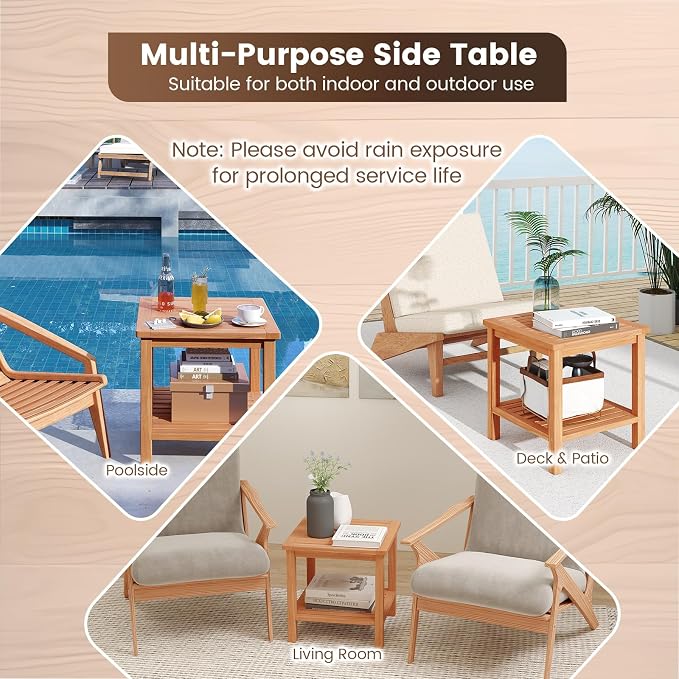 HAPPYGRILL Acacia Wood Outdoor Side Table, 2-Tier Indoor End Table with Spacious Tabletop and Slatted Storage Rack, Square Wood Table for Poolside, Living Room, Porch, Balcony and Garden (1)