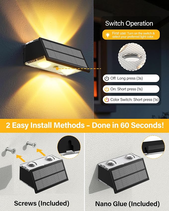 Solar Fence Lights Outdoor, 12 Pack Fence Solar Lights Waterproof | IP65 Fence Lights Solar Powered Up & Down LED Focus, 9 Color Modes, 12H Dusk to Dawn Glow for Pool/Patio/Backyard - Black