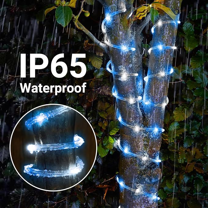 Solar Rope Lights, 2 Packs Total 132ft 400LED Solar String Lights, 8 Modes Waterproof Solar Outdoor Light, Flexible Clear Trampoline Light for Garden Backyard Patio Deck Pool Tree Decor - White & Blue