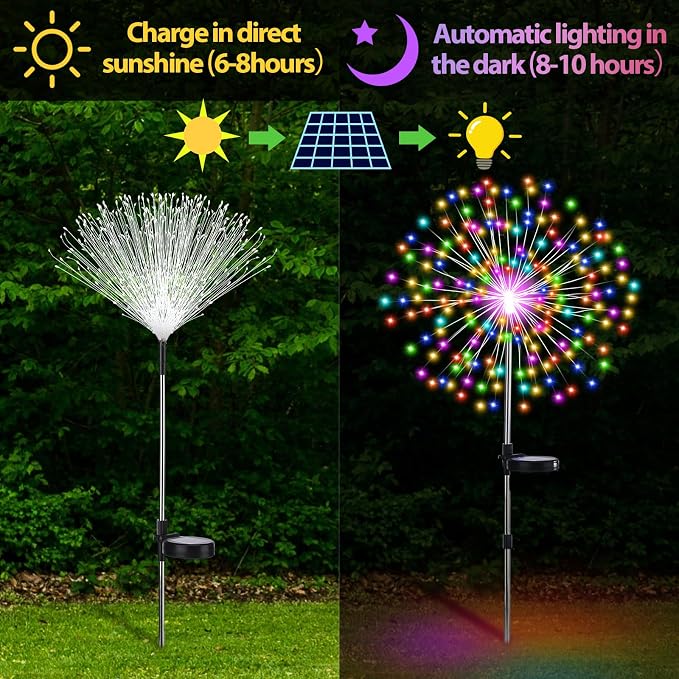 Tujoe 4 Pack Halloween Outdoor Garden Decoration Solar Firework Lights | 200 LED Solar Firework Lights, 8 Lighting Modes, 32" to 51" Height, Outdoor Garden Yard Pathway Party Decoration, Colorful