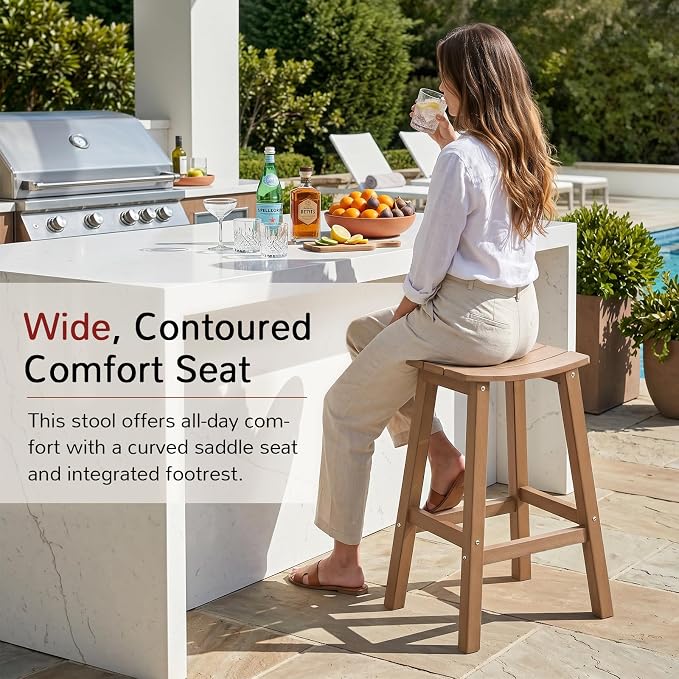 Stoog All-Weather Bar Stools Set of 2, 28" Outdoor Barstools with 400 lbs Capacity, Realistic Wood-Grain Texture, for Bar, Kitchen Counter, Pool & Patio, Teak